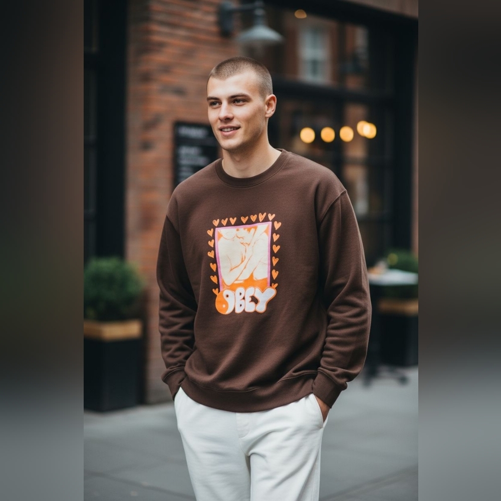 Obey Men's Size XXL Brown Box Crewneck Sweatshirt Wrestler Graphic Print